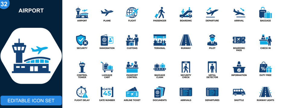 Airport icons set, aviation, flight, boarding, passenger, baggage, security, immigration, customs, terminal, departure, arrival. Solid icons collection. Vector.