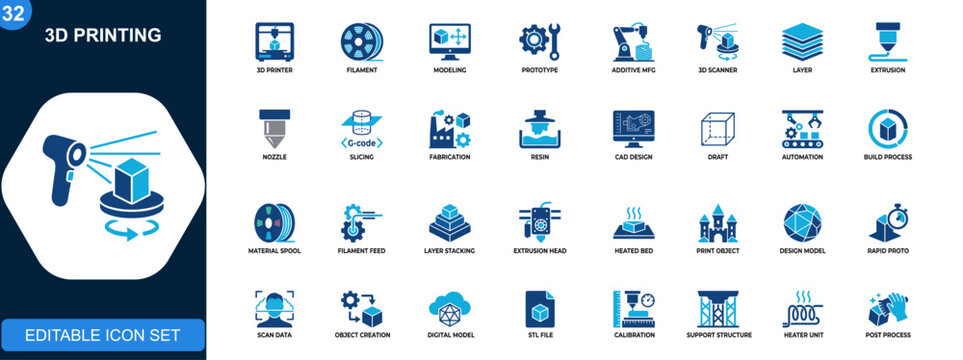 3D printing icon set, additive manufacturing, 3D printer, filament, modeling, prototyping, scanning, layer build process. Solid icons collection. Vector.
