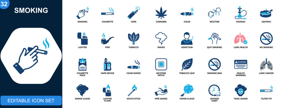 Smoking icon set, cigarette, vape, cannabis, cigar, nicotine, hookah, ashtray, lighter, pipe, lung health, quit smoking. Solid icons collection. Vector.