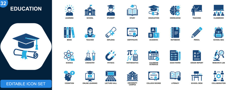 Education icon set, learning, student, graduation, school, knowledge, teaching, stationery, academic tools, science subjects. Solid icons collection. Vector.