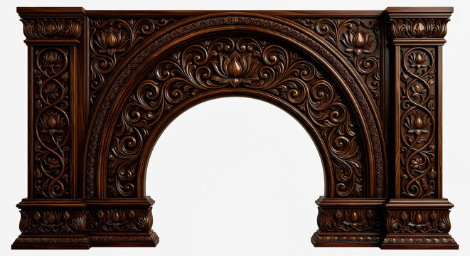 An ornate dark brown wooden archway is displayed against a white background showcasing intricate floral and scrolling carvings high quality professional