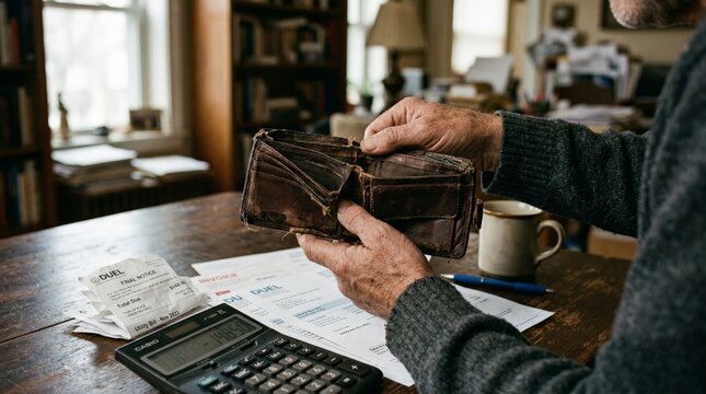 A man sits at a wooden desk, holding an empty wallet and surrounded by financial documents, struggling to pay his bills.