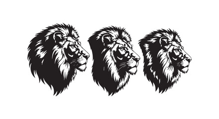 Lion head silhouette portraits with majestic mane details for wildlife and animal conservation concepts vector graphics. © md