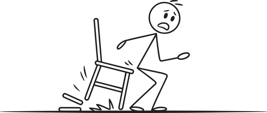 Stick figure falling backwards after tripping over a chair leg breaking with white background