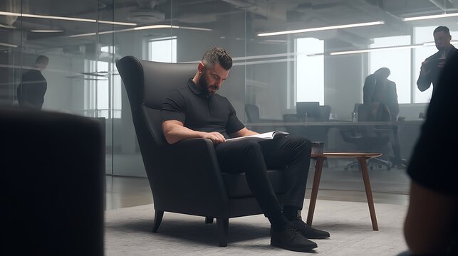 A man in deep thought while sitting in a chair at the office