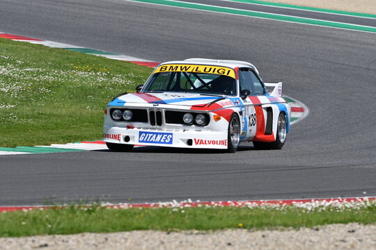 Scarperia, Italy - April 5th 2024: BMW 3.0 CSL year 1975 in action during Mugello Classic 2024 at Mugello Circuit in Italy.