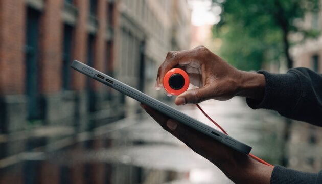 Medium shot of a hand syncing a wearable device to a tablet highlighting the technology with clear sharpness as the rest of the scene remains softly blurred.