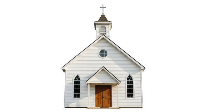 Small white church building with brown door and cross on steeple isolated on transparent background