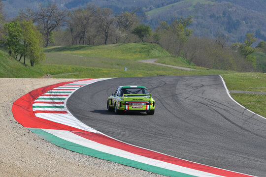 Scarperia, Italy - April 5th 2024: BMW 3.0 CSL year 1975 in action during Mugello Classic 2024 at Mugello Circuit in Italy.