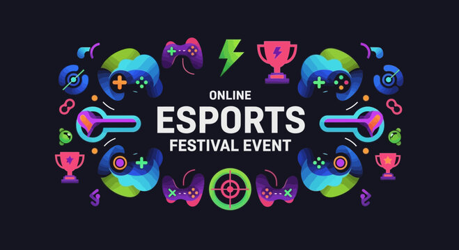 Vibrant eSports Festival Illustration Design Featuring Gaming Controllers and Championship Trophies