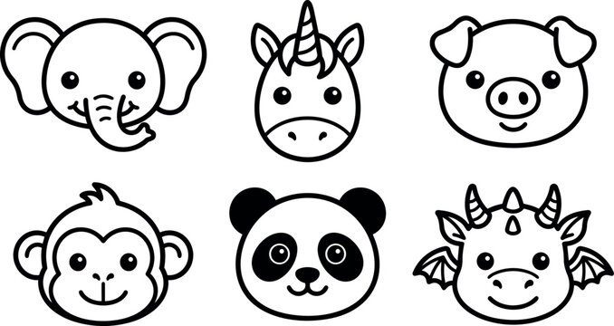 Black and white line art elephant unicorn pig monkey panda and dragon faces