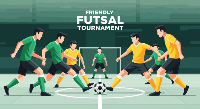 Vibrant Futsal Tournament Illustration Showcasing Dynamic Soccer Game Action with Teams Competing