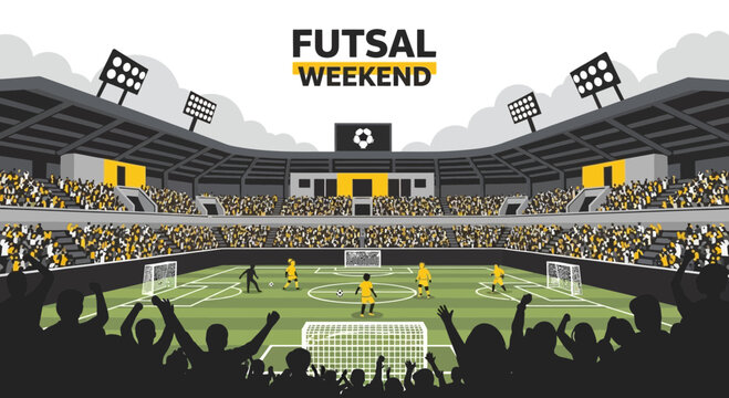 Vibrant Futsal Weekend Illustration Depicting Stadium Action and Enthusiastic Spectators