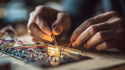 Obraz premium Hands Assembling Circuit on Breadboard