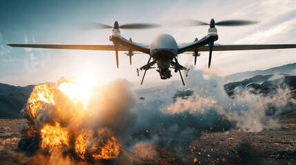 Obraz premium Military drone observes an explosion in a dramatic landscape scene