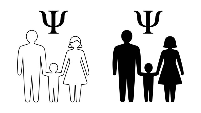 A family silhouette with a psi symbol above, representing psychology and family dynamics.