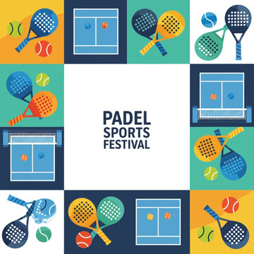 Vibrant Padel Sports Festival: A Colorful Display of Rackets, Balls, and Court Elements
