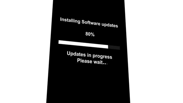 Software update in process animation. Blue smart phone screen with installing system updates progress bar on black background.