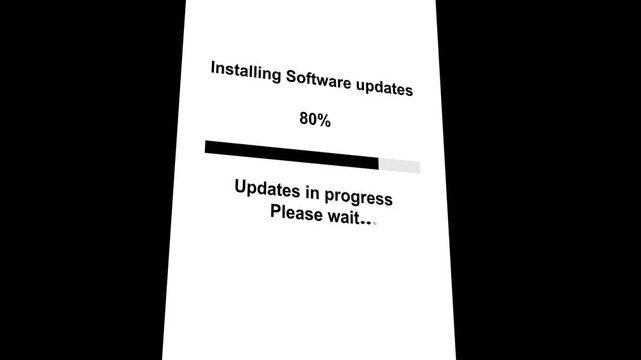 Software update in process animation. Blue smart phone screen with installing system updates progress bar on black background.