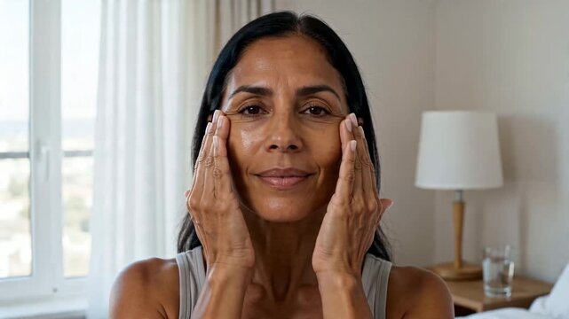 Middle-Aged Woman Applying Anti-Aging Facial Cream for Skincare Routine, Promoting Healthy