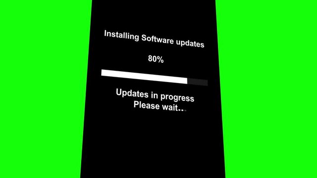 Software update in process animation. Blue smart phone screen with installing system updates progress bar on black background.