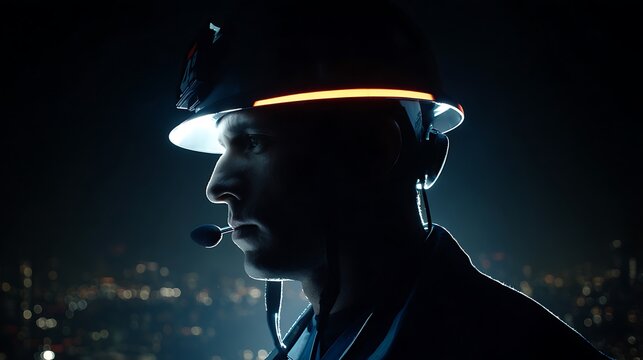A person in a helmet with a light, silhouetted against a night cityscape
