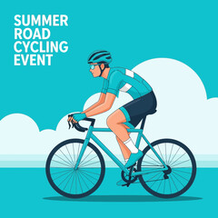 Fototapeta premium Vibrant Summer Road Cycling Event Depicting Athlete on Bicycle Against a Blue Sky Background
