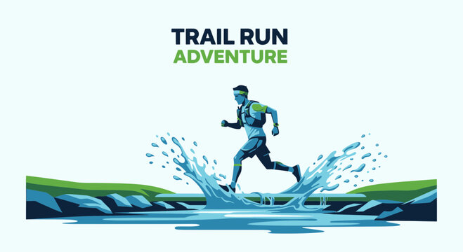 Vibrant Trail Run Illustration Depicting Athlete Crossing Water Obstacle With Dynamic Energy