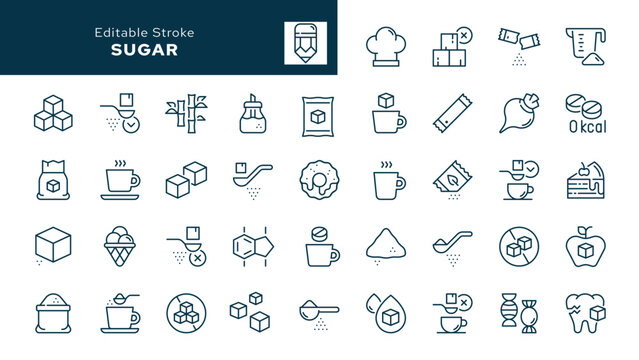 Sugar. Set of outline icons. Granulated sugar, lump sugar, cube, refined sugar, sweetener, portioned cane sugar, fructose, saccharide and more. Line icon in linear style. Vector collection	