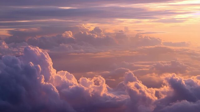 Soft pastel sunset above cottony clouds with pink and purple hues reflecting warm evening light and tranquil aerial perspective