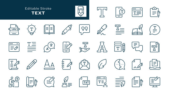 Text and writting. Set of outline icons. Read, words, copywriting, book, autor and writer. Line icon in linear style. Vector collection	