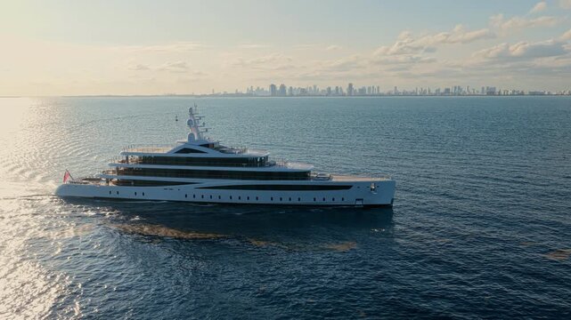 Aerial view motorboat. Luxury lifestyle. Vacation on summer. Yacht at sea. Motorboat aerial top view. Luxury boat motor yacht at sea. Yachting boat tourism. Motorboat gliding through the sea
