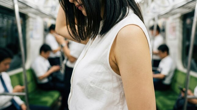 満員電車で脇の汗や臭いを気にするノースリーブ姿の女性
