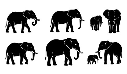 Obraz premium Flat vector elephant silhouettes set in various poses for educational, wildlife, safari, and t-shirt designs