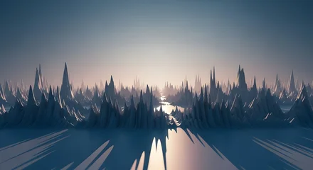 Fototapete Reflection Ethereal abstract landscape with futuristic city-like spires reflected on a serene water surface at dawn, creating a surreal digital vista  © LelyYusniati