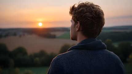 Fototapeta premium Man contemplating a vast sunrise landscape symbolizing hope and new journeys at the breaking light of dawn