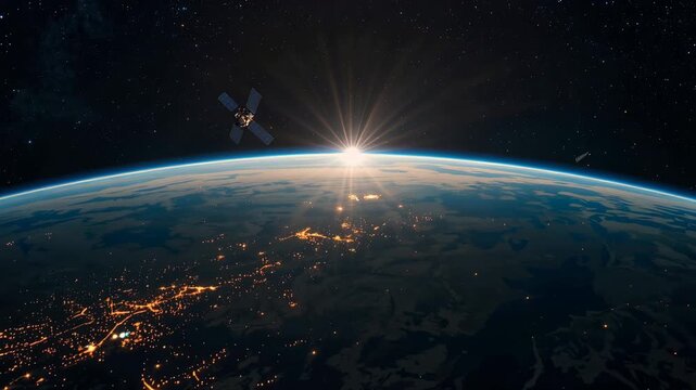 地球の明暗境界付近で衛星群が夜明けの光を受け始める