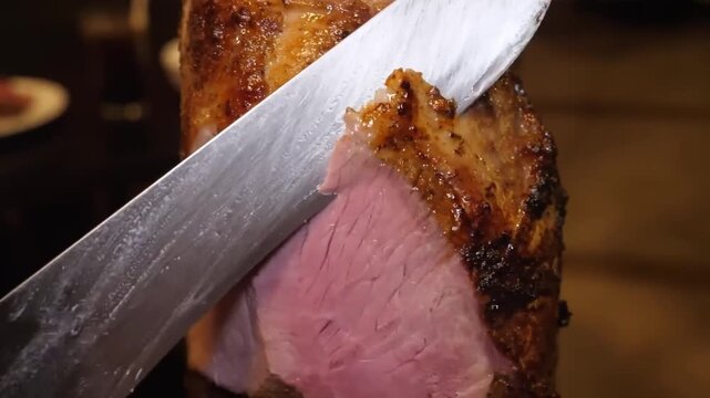 close-up, slow-motion vertical shot of a professional chef using a sharp knife to slice into a juicy, perfectly cooked piece of roasted beef, revealing the pink, tender interior. This footage captures