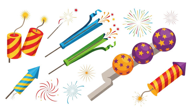 Colorful fireworks vector set firecrackers petards flat festive illustration