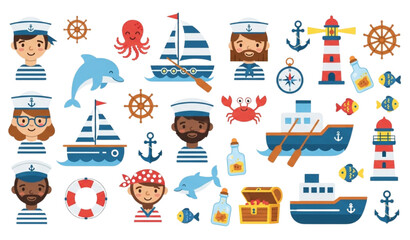 Sea adventure vector set cute sailors boats nautical flat illustration © SobujChandra