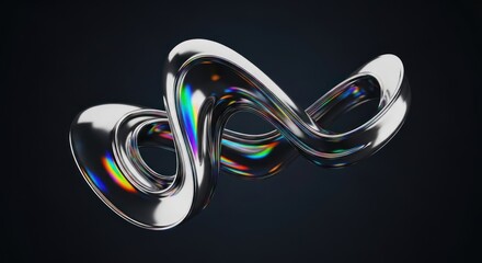 Abstract chrome loop flowing against a dark background reflective surface