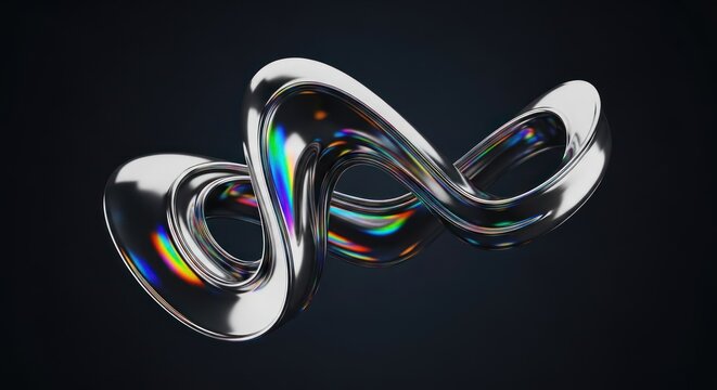 Abstract chrome loop flowing against a dark background reflective surface