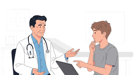 Fototapeta premium Doctor consulting patient about health issues, discussing medical treatment on tablet