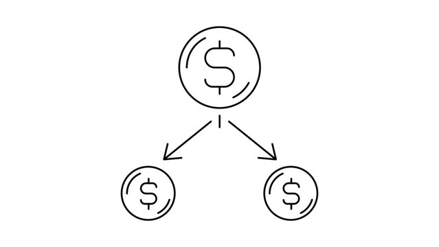 Dividend payment and profit sharing minimalist black line vector icon illustration featuring a dollar coin splitting into two smaller coins with arrows for financial growth and money distribution.