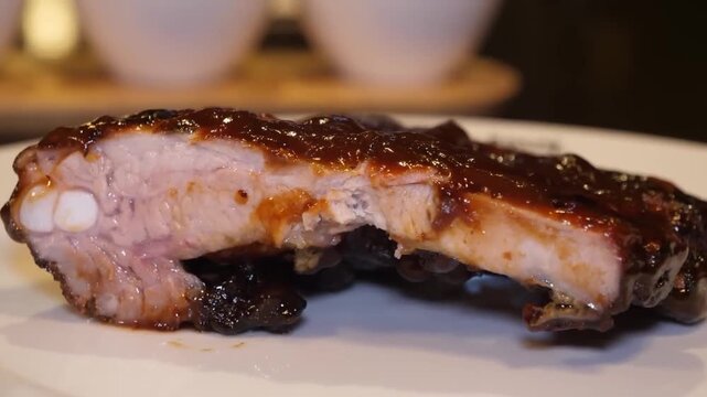 close-up shot of a serving of mouth-watering, slow-cooked baby back ribs covered in a thick, glossy barbecue sauce, resting on a white plate. The tender pink meat is visible where a portion has been r