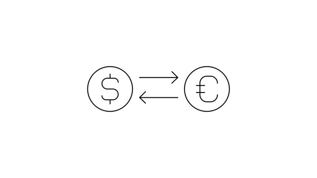 Minimalist black line vector icon illustration of a dollar and euro coin with exchange arrows on a white background, representing currency conversion, foreign exchange, and global finance.