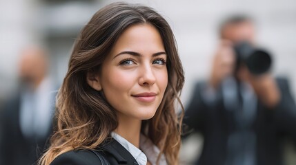 Obraz premium A poised young professional woman in business attire looking thoughtfully into the distance in a bustling urban environment
