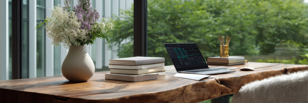 Modern home office with laptop and nature view on wooden desk