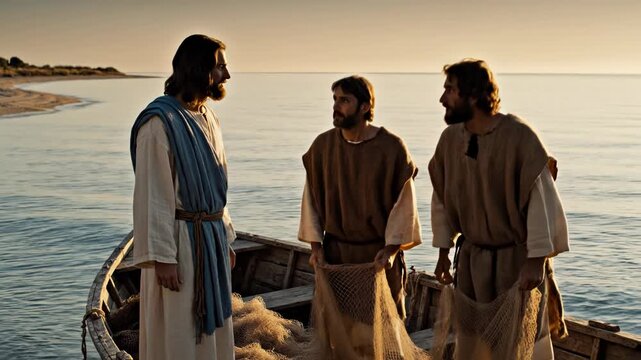 Jesus calling fishermen on the shore of the Sea of Galilee at sunrise - Peter and Andrew leaving nets and boat to follow him, beginning the ministry of the disciples