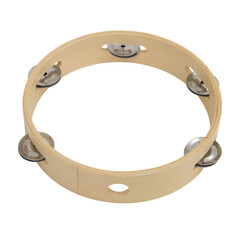 Obraz premium Tambourine with wooden frame and metal jingles. Traditional percussion musical instrument isolated on transparent background. Rhythm tool for school education, music therapy and hobby.